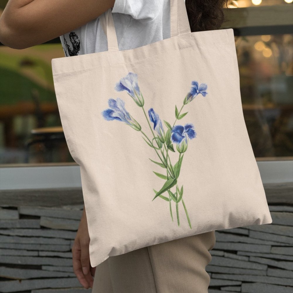 Greater Fringed Gentian Vintage Watercolor Floral Print Graphic Canvas Tote Bag